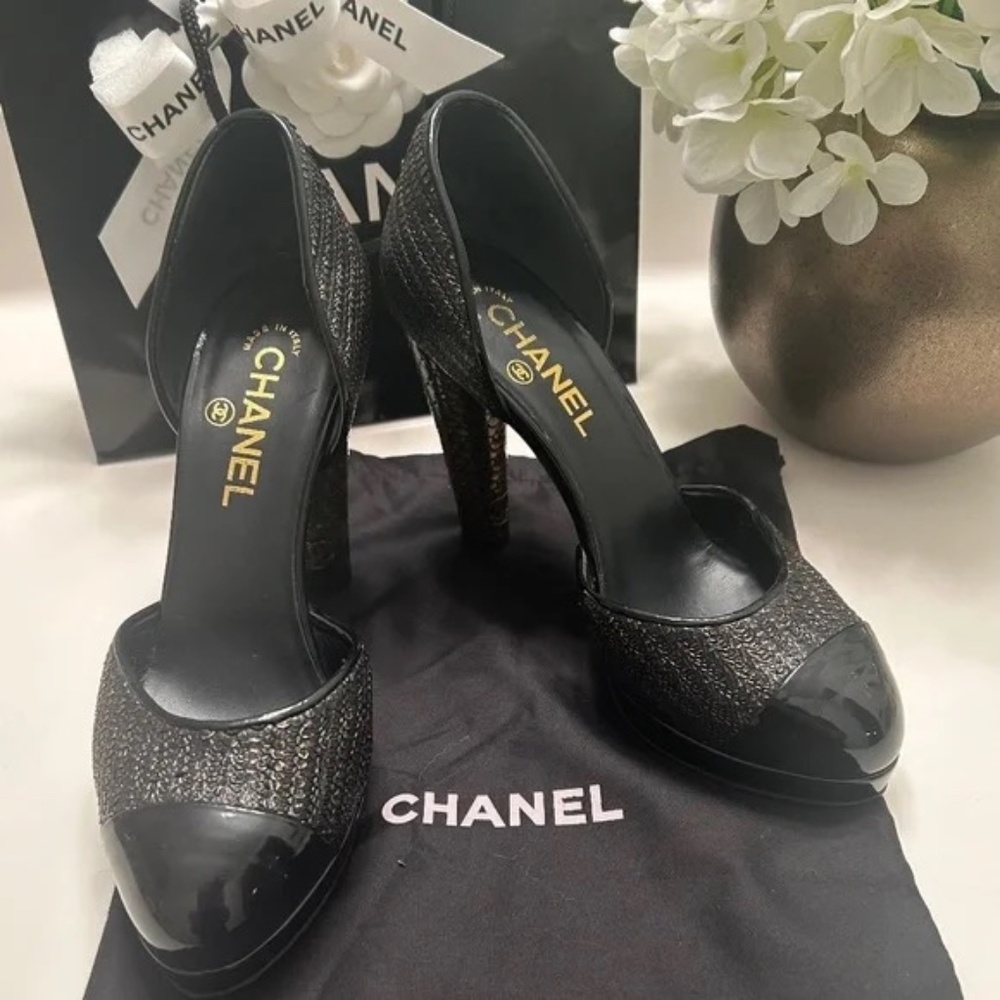 Authentic CHANEL Black & Gold Python Pumps - image 1